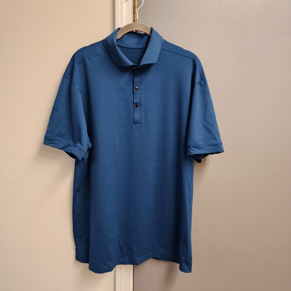 Lululemon Stretchy Short Sleeve Button Down Front Mens Blue Polo Shirt XL ?